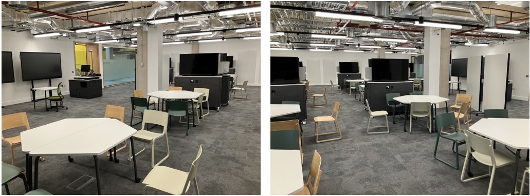Classroom with table and chairs set up for active learning.